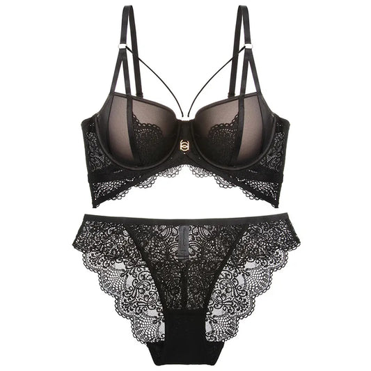🌟 Elevate your lingerie collection with our stunning Thin Under Thick Mold Cup Hollow Out Lace Push Up Bra and Briefs Set! 🌟