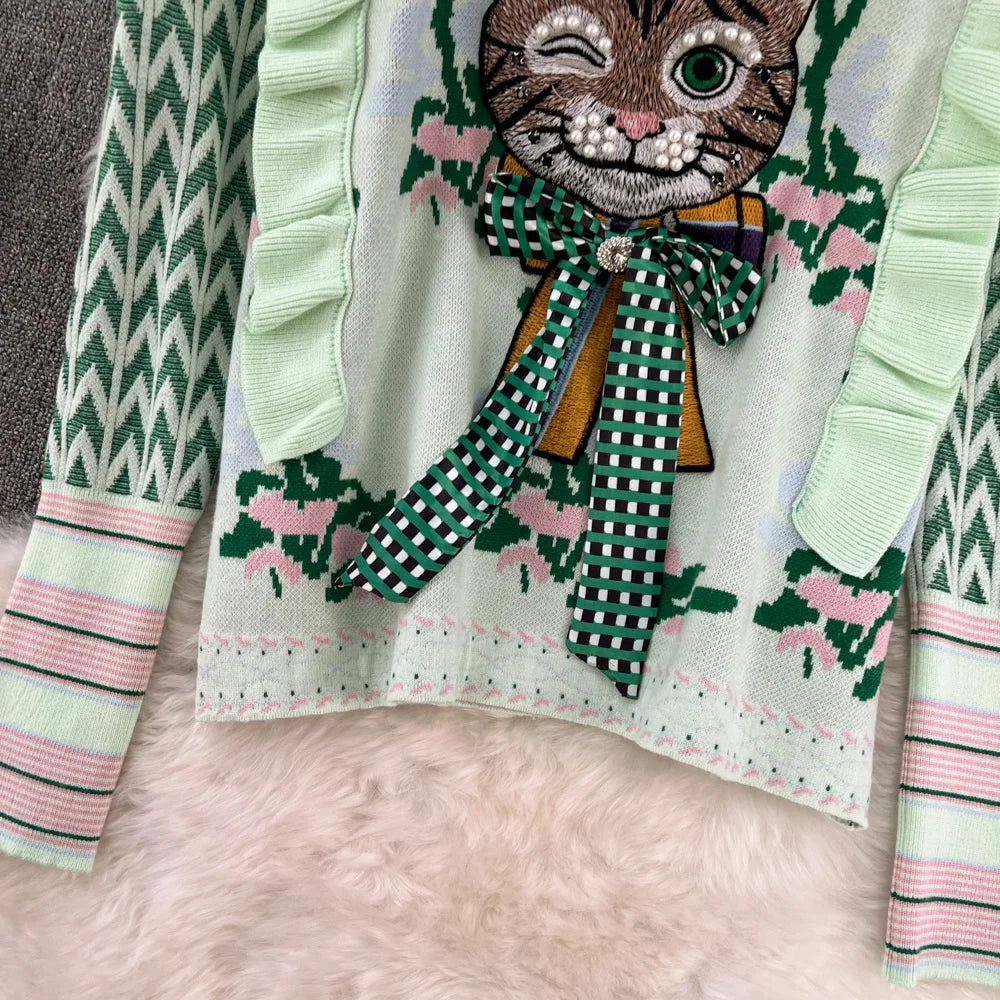 Elevate your style with our captivating Harajuku Diamonds Beaded Cat Bow Embroidery Sweater, meticulously crafted to add a touch of charm and sophistication to your wardrobe.