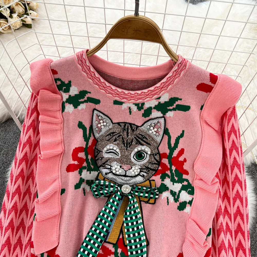 Elevate your style with our captivating Harajuku Diamonds Beaded Cat Bow Embroidery Sweater, meticulously crafted to add a touch of charm and sophistication to your wardrobe.